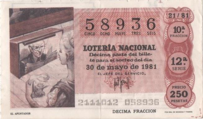 Loteria E00578: hoja nº 39. Loteria Nacional. Nº 58936, serie 12ª, fracción 10ª, precio 250 pesetas, sorteo 21/81 del 30 de Mayo de 1981. El Apuntador