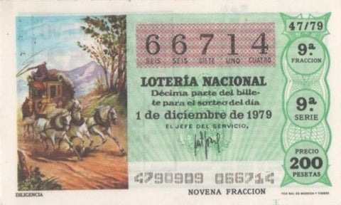 Loteria E00504: hoja nº 35. Loteria Nacional. Nº 66714, serie 9ª, fracción 9ª, precio 200 pesetas, sorteo 47/79 del 1 de diciembre de 1979. Diligencia