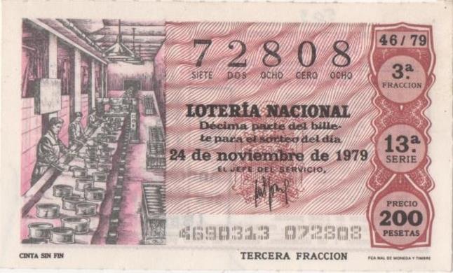 Loteria E00503: hoja nº 35. Loteria Nacional. Nº 72808, serie 13ª, fracción 3ª, precio 200 pesetas, sorteo 46/79 del 24 de Noviembre de 1979. Cinta sin Fin