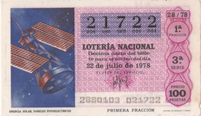 Loteria E00436: hoja nº 30. Loteria Nacional. Nº 21722, serie 3ª, fracción 1ª, precio 100 pesetas, sorteo 22 de Julio de 1978. Energia Solar, Paneles Fotoelectricos