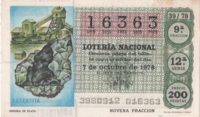 Loteria E00446: hoja nº 31. Loteria Nacional. Nº 16363, serie 12ª, fracción 9ª, precio 200 pesetas, sorteo 39/78 del 7 de Octubre de 1978. Mineria de Plata