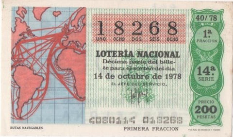 Loteria E00447: hoja nº 31. Loteria Nacional. Nº 18268, serie 14ª, fracción 1ª, precio 200 pesetas, sorteo 40/78 del 14 de Octubre de 1978. Rutas Navegables