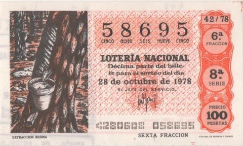 Loteria E00449: hoja nº 31. Loteria Nacional. Nº 58695, serie 8ª, fracción 6ª, precio 100 pesetas, sorteo 42/78 del 28 de Octubre de 1978. Extracción Resina