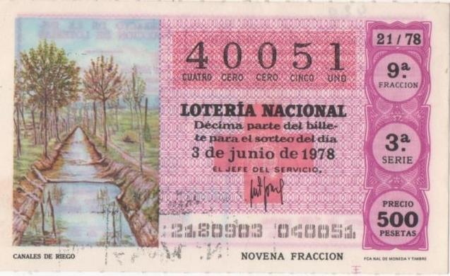 Loteria E00429: hoja nº 30. Loteria Nacional. Nº 40051, serie 3ª, fracción 9ª, precio 500 pesetas. Sorteo 21/78 del 3 de Junio de 1978