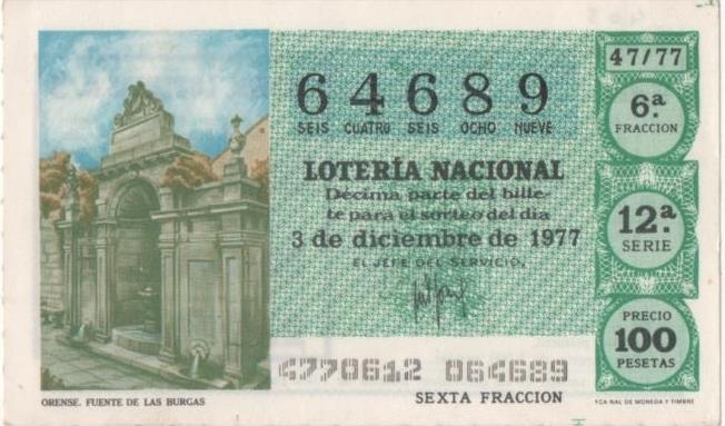 Loteria E00405: hoja nº 28. Loteria Nacional. Nº 64689, serie 12ª, fracción 6ª, precio 100 pesetas, sorteo 47/77 del 3 de Diciembre de 1977. Orense. Fuente de las Burgas