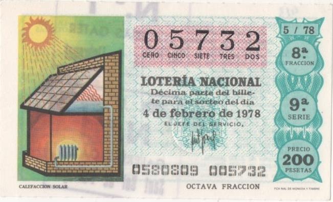 Loteria E00413: hoja nº 29. loteria Nacional. Nº 05732, serie 9ª, fracción 8ª, precio 200 pesetas, sorteo 5/78 del 4 de Febrero de 1978. Calefacción Solar