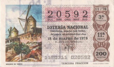 Loteria E00419: hoja nº 29. Loteria Nacional. Nº 20592, serie 11ª, fracción 3ª, precio 200 pesetas, sorteo 11/78 del 18 de Marzo de 1978. Molinos de Viento