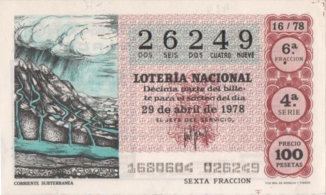 Loteria E00424. hoja nº 30. Loteria Nacional. Nº 26249, serie 4ª, fracción 6ª, precio 100 pesetas, sorteo 16/78 del 29 de Abril de 1978. Corriente Subterranea