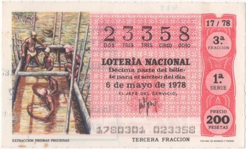 Loteria E00425: hoja nº 30. Loteria Nacional. Nº 23358, serie 1ª, fracción 3ª, precio 200 pesetas, sorteo 17/78 del 6 de Mayo de 1978. Extracción  Piedras Preciosas