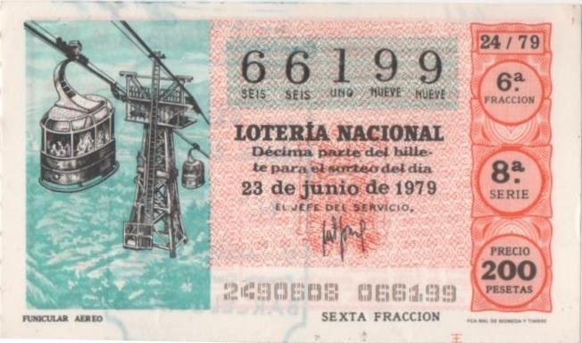 Loteria E00481: hoja nº 33. Loteria Nacional. Nº 66199, serie 8ª, fracción 6ª, precio 200 pesetas, sorteo 24/79 del 23 de Junio de 1979. Funicular Aéreo 