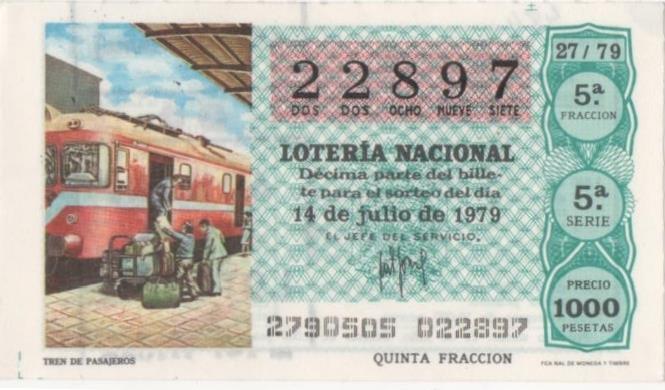 Loteria E00484: hoja nº 33. Loteria Nacional. Nº 22897, serie 5ª, fracción 5ª, precio 1000 pesetas, sorteo 27/79 del 14 de Julio de 1979. Tren de Pasajeros