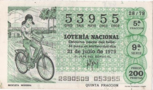 Loteria E00485: hoja nº 33. Loteria Nacional. Nº 53955, serie 9ª, fracción 5ª, precio 200 pesetas, sorteo 28/79 del 21 de Julio de 1979. Bicicleta Moderna 