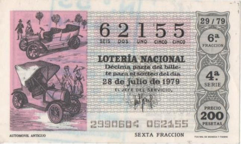 Loteria E00486: hoja nº 34. Loteria Nacional. Nº 62155, serie 4ª, fracción 6ª, precio 200 pesetas, sorteo 29/79 del 28 de Julio de 1979. Automovil Antiguo