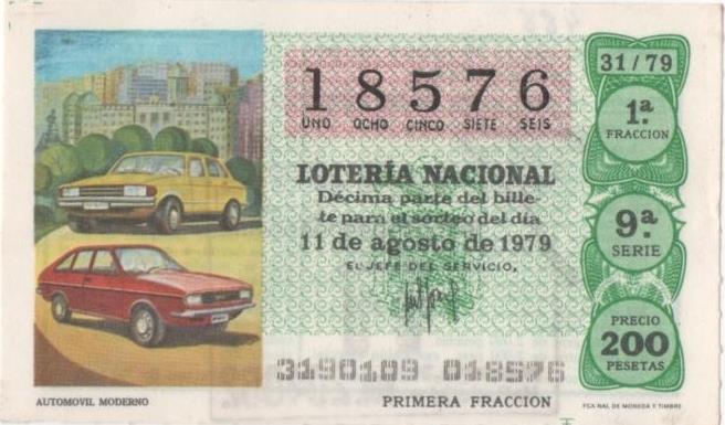 Loteria E00488: hoja nº 34. Loteria Nacional. Nº 18576, serie 9ª, fracción 1ª, precio 200 pesetas, sorteo 31/79 del 11 de Agosto de 1979. Automovil Moderno