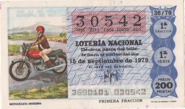 Loteria E00493: hoja nº 34. Loteria Nacional. Nº 30542, serie 1ª, fracción 1ª, precio 200 pesetas, sorteo 36/79 del 15 de Septiembre de 1979. Motocicleta Moderna