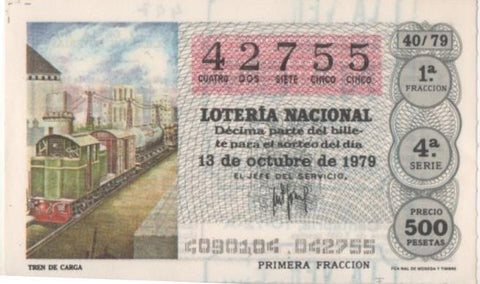 Loteria E00497: hoja nº 34. Loteria Nacional. Nº 42755, serie 4ª, fracción 1ª, precio 500 pesetas, sorteo 40/79 del 13 de Octubre de 1979. Tren de Carga