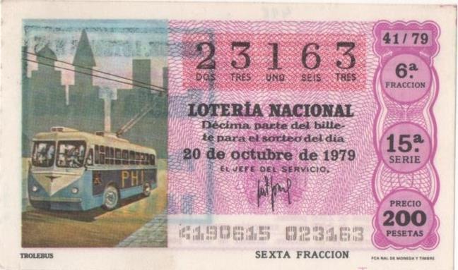 Loteria E00498: hoja nº 34. Loteria Nacional. Nº 23163, serie 15ª, fracción 6ª, precio 200 pesetas, sorteo 41/79 del 20 de Octubre de 1979. Trolebus