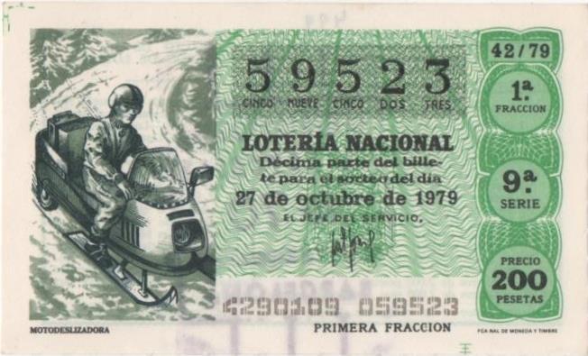 Loteria E00499: hoja nº 34. Loteria Nacional. Nº 59523, serie 9ª, fracción 1ª, precio 200 pesetas, sorteo 42/79 del 27 de Octubre de 1979