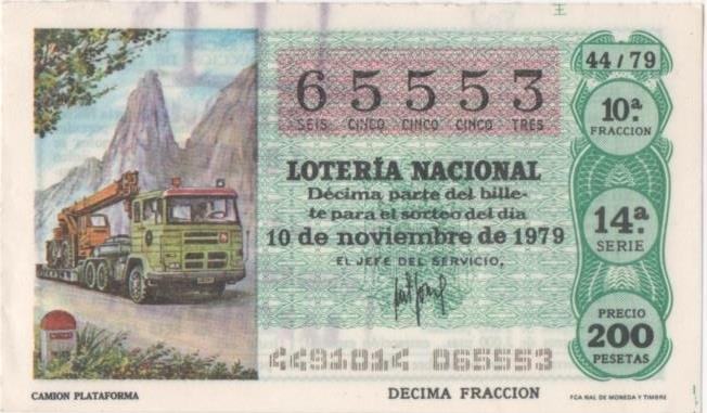 Loteria E00501: hoja nº 34. Loteria Nacional. Nº 65553, serie 14ª, fracción 10ª, precio 200 pesetas, sorteo 44/79 del 10 de Noviembre de 1979. Camión Plataforma