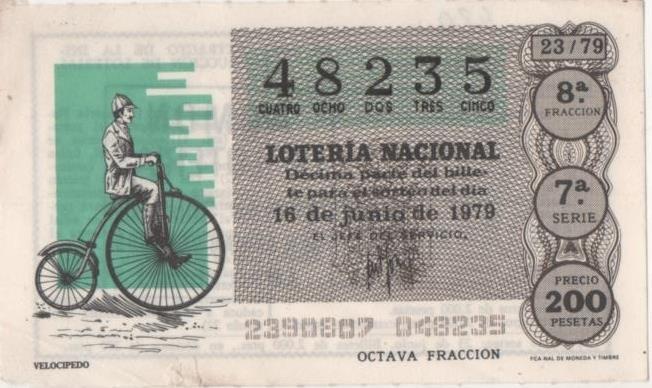 Loteria E00480: hoja nº 33. Loteria Nacional. Nº 48235, serie 7ª, fracción 8ª, precio 200 pesetas, sorteo 23/79 del 16 de Junio de 1979. Velocipedo