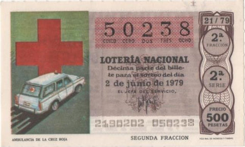 Loteria E00478: hoja nº 33. Loteria Nacional. Nº 50238, serie 2ª, fracción 2ª, precio 500 pesets, sorteo 21/79 del 2 de Junio de 1979. Ambulancia de la Cruz Roja