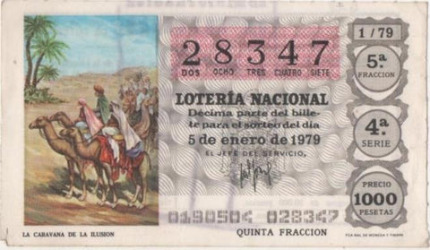 Loteria E00458: hoja nº 32. Loteria Nacional. Nº 28347, serie 4ª, fracción 5ª, precio 1000 pesetas, sorteo 1/79 del 5 de Enero de 1979. La Caravana de la Ilusión