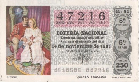 Loteria E00602: hoja nº 41. Loteria Nacional. Nº 47216, serie 6ª, fracción 5ª, precio 250 pesetas, sorteo 45/81 del 14 de Noviembre de 1981. El Tenorio