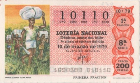 Loteria E00467: hoja nº 32. Loteria Nacional. Nº 10110, serie 8ª, fracción 1ª, precio 200 pesetas, sorteo 10/79 del 10 de Marzo de 1979. Porteadores Africanos