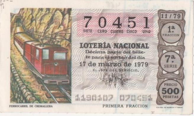 Loteria E00468: hoja nº 32. Loteria Nacional. Nº 70451, serie 7ª, fracción 1ª, precio 500 pesetas, sorteo 11/79 del 17 de Marzo de 1979