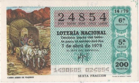 Loteria E00471: hoja nº 33. Loteria Nacional. Nº 24854, serie 5ª, fracción 6ª, precio 200 pesetas, sorteo 14/79 del 7 de Abril de 1979. Carro Asirio de Viajeros