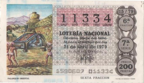 Loteria E00472: hoja nº 33. Loteria Nacional. Nº 11334, serie 7ª, fracción 6ª, precio 200 pesetas, sorteo 15/79 del 21 de Abril de 1979. Palanquin Oriental