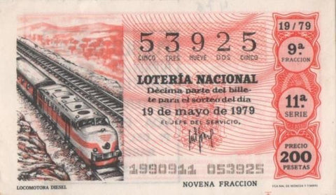 Loteria E00476: hoja nº 33. Loteria Nacional. Nº 53925, serie 11ª, fracción 9ª, precio 200 pesetas, sorteo 19/79 del 19 de Mayo de 1979. Locomotora Diesel