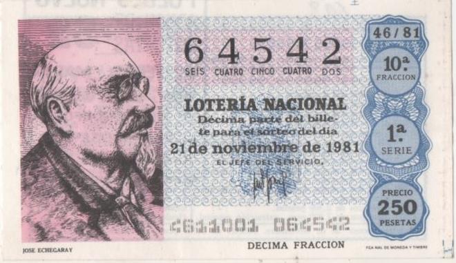 Loteria E00603: hoja nº 41. Loteria Nacional. Nº 64542, serie 1ª, fracción 10ª, precio 250 pesetas, sorteo 46/81 del 21 de Noviembre de 1981. José Echegaray