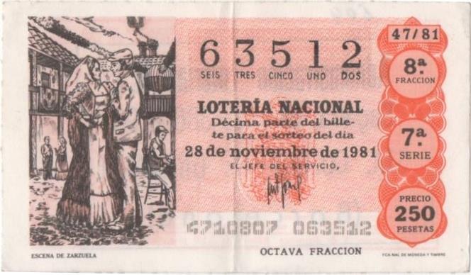 Loteria E00604: hoja nº 41. Loteria Nacional. Nº 63512, serie 7ª, fracción 8ª, precio 250 pesetas, sorteo 47/81 del 28 de Noviembre de 1981. Escena de Zarzuela