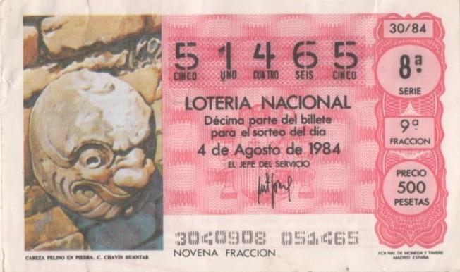 Loteria E00733: hoja nº 49. Loteria Nacional Nº 51465, serie 8ª, fracción 9ª, precio 500 pesetas, sorteo 30/84 del 4 de Agosto de 1984. Cabeza Feelino en Piedra. C. Chavin Huantar