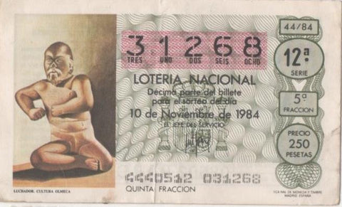 Loteria E00747: hoja nº 50. Loteria Nacional. Nº 31268, serie 12ª, fracción 5ª, precio 250 pesetas, sorteo 44/84 del 10 de Noviembre de 1984. Luchador, Cultura Olmeca