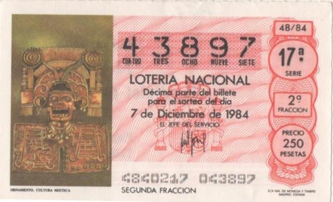 Loteria E00751: Hoja nº 50. Loteria Nacional. Nº 43897, serie 17ª, fracción 2ª, precio 250 pesetas, sorteo 48/84 del 7 de Diciembre de 1984. Ornamento. Cultura Mixteca