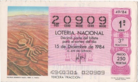 Loteria E00752: hoja nº 50. Loteria Nacional. Nº 20909, serie 1ª, fracción 3ª, precio 250 pesetas, sorteo 49/84 del 15 de Diciembre de 1984