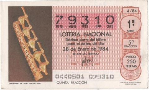 Loteria E00707: hoja nº 48. Loteria Nacional. Nº 79310, serie 1º, fracción 5ª, precio 250 pesetas, sorteo 4/84 del 28 de Enero de 1984. Empuñadura de Cetro. Cultura Sinu