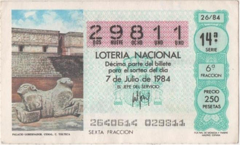 Loteria E00729: hoja nº 49. Loteria Nacional. Nº 29811, serie 14ª, fracción 6ª, precio 250 pesetas, sorteo 26/84 del 7 de Julio de 1984. Palacio Gobernador Uxmal. C. Tolteca