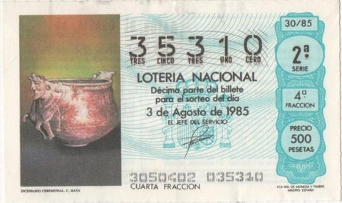 Loteria E00783: hoja nº 52. Loteria Nacional. Nº 35310, serie 2ª, fracción 4ª, precio 500 pesetas, sorteo 3 de Agosto de 1985. Incensario Ceremonial. C. Maya