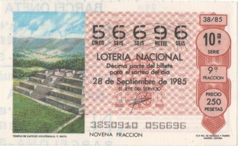 Loteria E00790: hoja nº 53. Loteria Nacional. Nº 56696, serie 10ª, fracción 9ª, precio 250 pesetas, sorteo 38/85 del 28 de Septiembre de 1985. Templo de Zaculeu (Guatemala).C. Maya