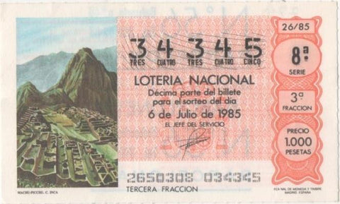 Loteria E00779: hoja nº 52. Loteria Nacional. Nº 34345, serie 8ª, fracción 3ª, precio 1000 pesetas, sorteo 26/85 del 6 de Julio de 1985. Machu-Pichu. C. Inca