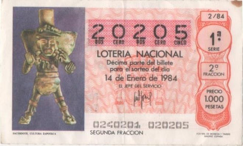 Loteria E00705: hoja nº 47. Loteria Nacional. Nº 20205, serie 1ª, fracción 2ª, precio 1000 pesetas, sorteo 2/84 del 14 de Enero de 1984. Sacerdote. Cultura Zopoteca