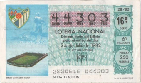 Loteria E00633: hoja nº 43. Loteria Nacional. Nº 44303, serie 16ª, fracción 6ª, precio 250 pesetas, sorteo 28/82 del 24 de Julio de 1982. Estadio La  Rosaleda. Málaga