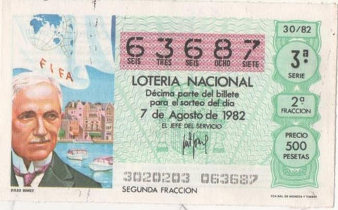 Loteria E00635: hoja nº 43. Loteria Nacional. Nº 63687, serie 3ª, fracción 2ª, precio 500 pesetas, sorteo 30/82 del 7 de Agosto de 1982. Jules Rimet