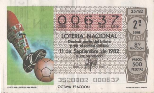 Loteria E00639: hoja nº 43. Loteria Nacional. Nº 00637, serie 2ª, fracción 8ª, precio 500 pesetas, sorteo 35/82 del 11 de Septiembre de 1982. Carte Copa Mundial 1950. Brasil