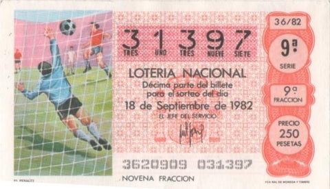 Loteria E00640: hoja nº 43. Loteria Nacional. Nº 31397, serie 9ª, fracción 9ª, precio 250 pesetas, sorteo 36/82 del 18 de Septiembre de 1982. El Penalty