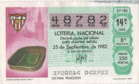 Loteria E00641: hoja nº 43. Loteria Nacional. Nº 48782, serie 14ª, fracción 8ª, precio 250 pesetas, sorteo 37/82 del 25 de Septiembre de 1982- Estadio Sanchez Pizjuan. Sevilla 