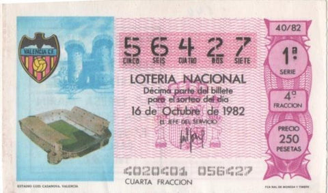 Loteria E00644: hoja nº 44. Loteria Nacional. Nº 56427, serie 1ª, fracción 4ª, precio 250 pesetas, sorteo 40/82 del 16 de Octubre de 1982. Estadio Luis Casanova. Valencia